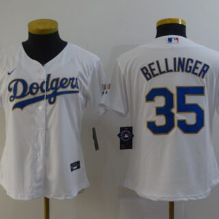 Women Dodgers 35 Cody Bellinger White Women Nike 2021 Gold Program Cool Base Jersey