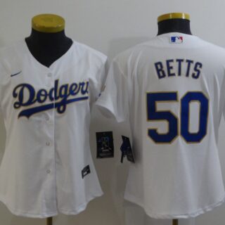 Women Dodgers 50 Mookie Betts White Women Nike 2021 Gold Program Cool Base Jersey
