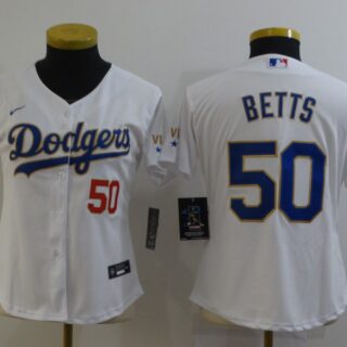 Women Dodgers 50 Mookie Betts White Women Nike 2021 Gold Program Cool Base Jersey