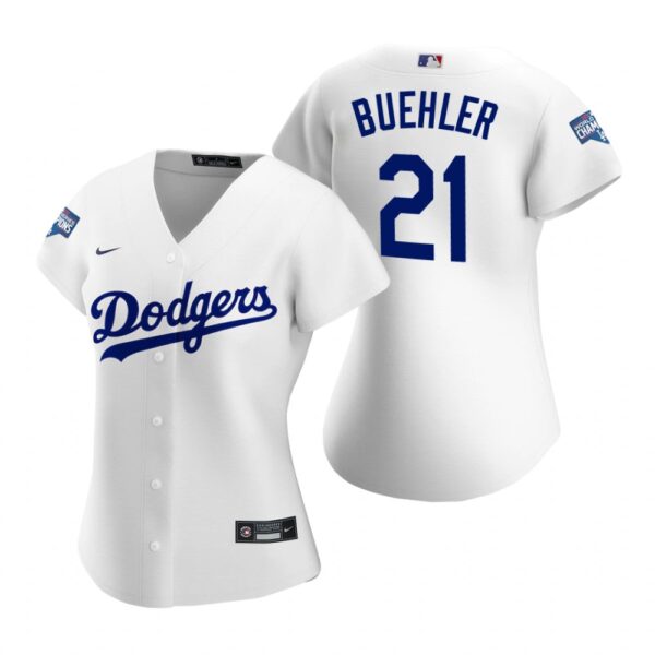 Women Los Angeles Dodgers #21 Walker Buehler White 2020 World Series Champions Replica Jersey
