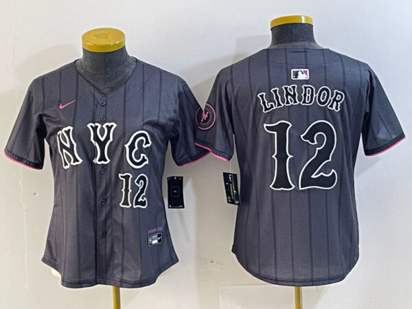 Women New York Mets #12 Francisco Lindor Graphite 2024 City Connect Limited Stitched Baseball Jersey