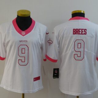 Women Nike Saints 9 Drew Brees White Pink Fashion Women Rush Limited Jersey