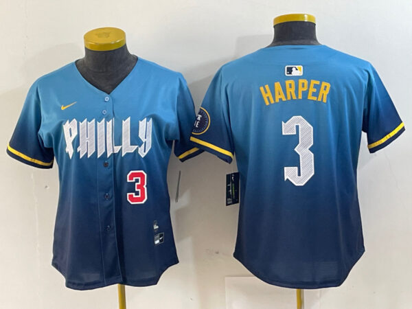 Women Philadelphia Phillies #3 Bryce Harper Blue 2024 City Connect Limited Stitched Jersey