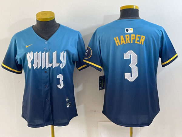 Women Philadelphia Phillies #3 Bryce Harper Blue 2024 City Connect Limited Stitched Jersey