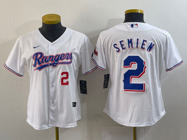 Women Texas Rangers #2 Marcus Semien White Gold Cool Base Stitched Baseball Jersey