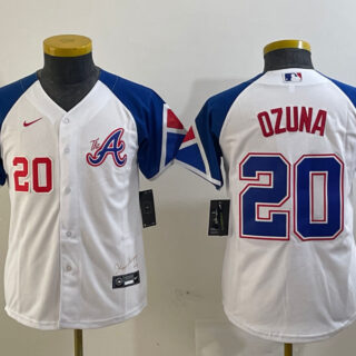 Youth Atlanta Braves #20 Marcell Ozuna White 2023 City Connect Stitched Baseball Jersey(Run Small)