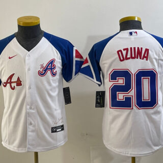 Youth Atlanta Braves #20 Marcell Ozuna White 2023 City Connect Stitched Baseball Jersey(Run Small)