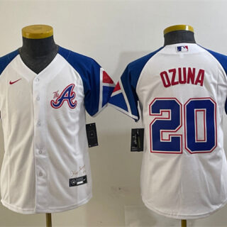 Youth Atlanta Braves #20 Marcell Ozuna White 2023 City Connect Stitched Baseball Jersey