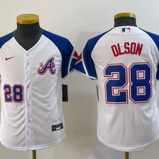 Youth Atlanta Braves #28 Matt Olson White 2023 City Connect With Patch Stitched Baseball Jersey