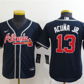 Youth Braves 13 Ronald Acuna Jr. Nave Youth 2020 Nike Cool Base Jersey