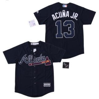 Youth Braves 13 Ronald Acuna Jr. Navy Youth Cool Base Jersey