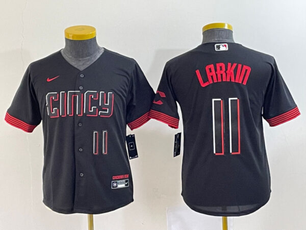 Youth Cincinnati Reds #11 Barry Larkin Black 2023 City Connect With Patch Stitched Baseball Jersey