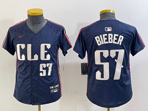 Youth Cleveland Guardians #57 Shane Bieber Navy 2024 City Connect Limited Stitched Baseball Jerseys