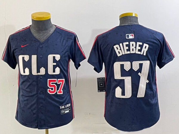 Youth Cleveland Guardians #57 Shane Bieber Navy 2024 City Connect Limited Stitched Baseball Jerseys