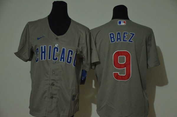 Youth Cubs 9 Javier Baez Gray Youth 2020 Nike Cool Base Jersey