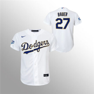 Youth Dodgers #27 Trevor Bauer White 2021 Gold Program Replica Jersey
