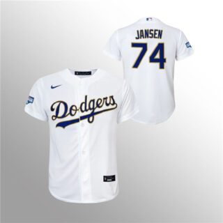 Youth Dodgers #74 Kenley Jansen White 2021 Gold Program Replica Jersey