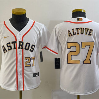 Youth Houston Astros #27 Jose Altuve White 2023 Gold Collection With World Serise Champions Patch Stitched Baseball Jersey