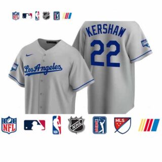 Youth Los Angeles Dodgers 22 Clayton Kershaw Gray 2020 World Series Champions Road Replica Jersey