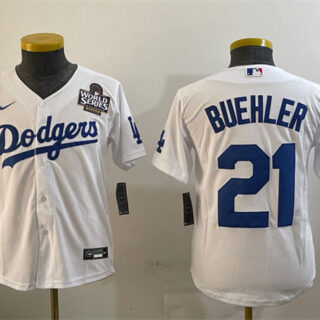 Youth Los Angeles Dodgers #21 Walker Buehler White 2024 World Series Cool Base Stitched Baseball Jersey