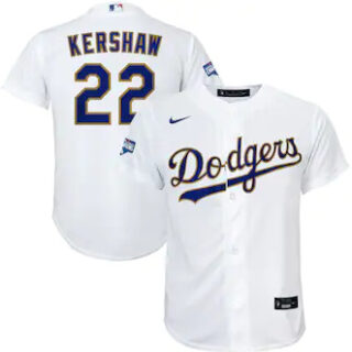 Youth Los Angeles Dodgers #22 Clayton Kershaw Nike White Gold 2021 Gold Program Player Jersey