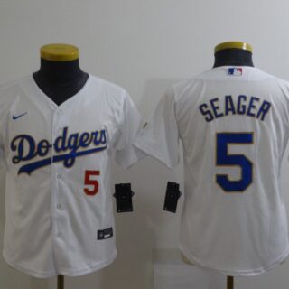 Youth Los Angeles Dodgers #5 Corey Seager Nike White Gold 2021 Gold Program Player Jersey