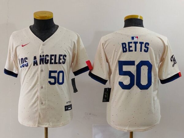 Youth Los Angeles Dodgers #50 Mookie Betts Cream 2024 City Connect Limited Stitched Baseball Jerseys