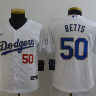 Youth Los Angeles Dodgers #50 Mookie Betts Nike White Gold 2021 Gold Program Player Jersey