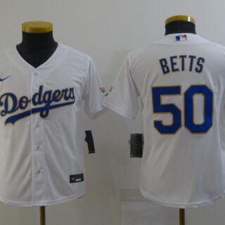 Youth Los Angeles Dodgers #50 Mookie Betts Nike White Gold 2021 Gold Program Player Jerseys