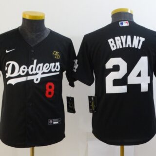 Youth Los Angeles Dodgers Front #8 Back #24 Kobe Bryant With KB Patch Black Cool Base Stitched MLB Jersey