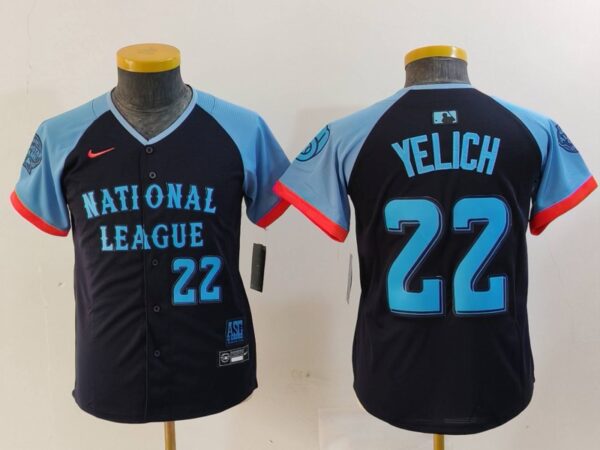 Youth National League #22 Christian Yelich Navy 2024 All-Star Limited Stitched Baseball Jerseys
