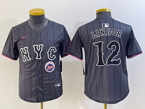 Youth New York Mets #12 Francisco Lindor Graphite 2024 City Connect Limited Stitched Baseball Jersey