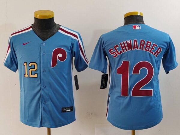 Youth Philadelphia Phillies #12 Kyle Schwarber Blue Cool Base Stitched Baseball Jerseys