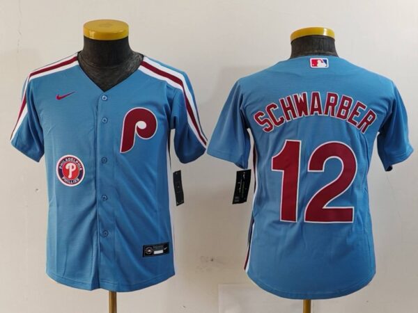 Youth Philadelphia Phillies #12 Kyle Schwarber Blue Cool Base Stitched Baseball Jerseys