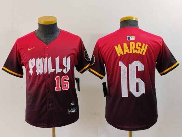 Youth Philadelphia Phillies #16 Brandon Marsh Red 2024 City Connect Limited Stitched Baseball Jerseys