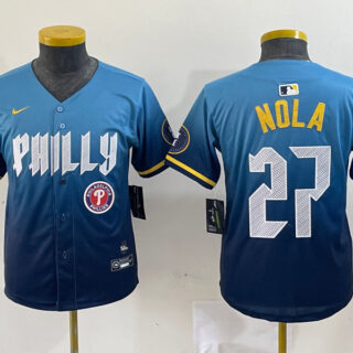 Youth Philadelphia Phillies #27 Aaron Nola Blue 2024 City Connect Limited Stitched Baseball Jersey