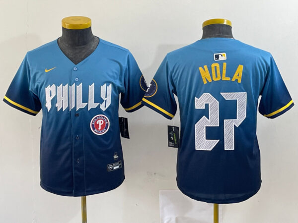 Youth Philadelphia Phillies #27 Aaron Nola Blue 2024 City Connect Limited Stitched Baseball Jersey