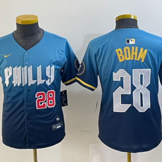 Youth Philadelphia Phillies #28 Alec Bohm Blue 2024 City Connect Limited Stitched Baseball Jersey