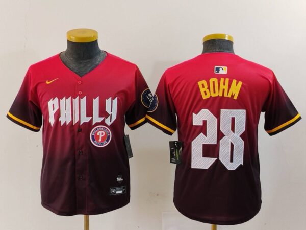 Youth Philadelphia Phillies #28 Alec Bohm Red 2024 City Connect Limited Stitched Baseball Jerseys
