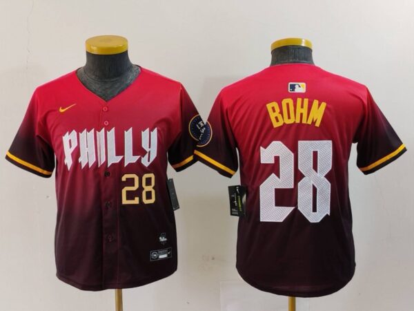 Youth Philadelphia Phillies #28 Alec Bohm Red 2024 City Connect Limited Stitched Baseball Jerseys
