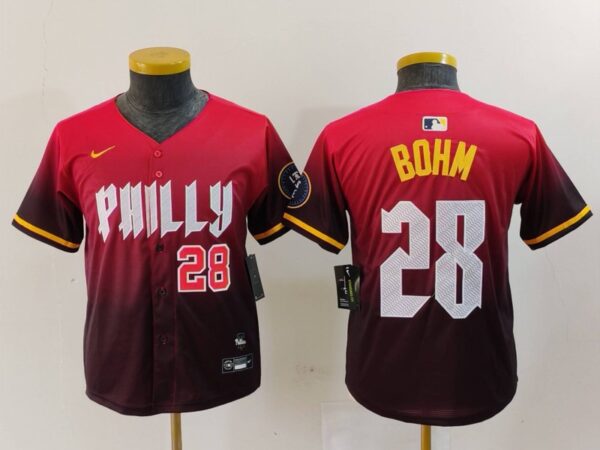 Youth Philadelphia Phillies #28 Alec Bohm Red 2024 City Connect Limited Stitched Baseball Jerseys