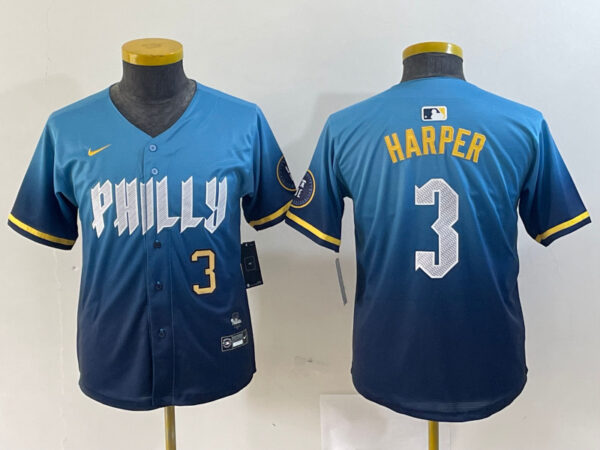Youth Philadelphia Phillies #3 Bryce Harper Blue 2024 City Connect Limited Stitched Jersey