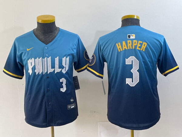 Youth Philadelphia Phillies #3 Bryce Harper Blue 2024 City Connect Limited Stitched Jersey