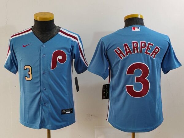 Youth Philadelphia Phillies #3 Bryce Harper Blue Cool Base Stitched Baseball Jersey