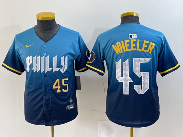 Youth Philadelphia Phillies #45 Zack Wheeler Blue 2024 City Connect Limited Stitched Baseball Jersey