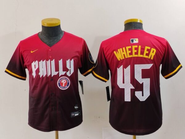 Youth Philadelphia Phillies #45 Zack Wheeler Red 2024 City Connect Limited Stitched Baseball Jerseys