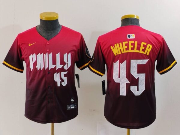 Youth Philadelphia Phillies #45 Zack Wheeler Red 2024 City Connect Limited Stitched Baseball Jerseys