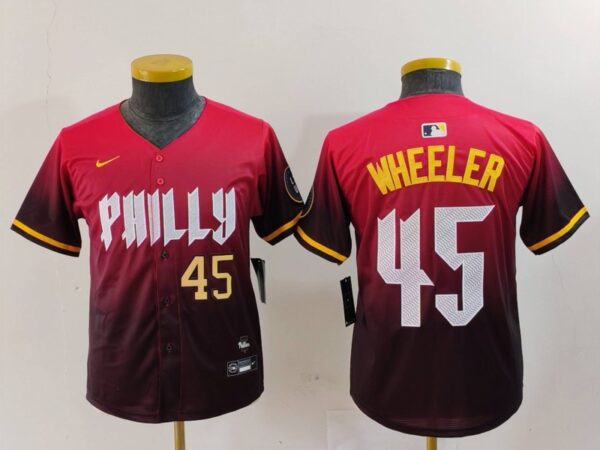 Youth Philadelphia Phillies #45 Zack Wheeler Red 2024 City Connect Limited Stitched Baseball Jerseys