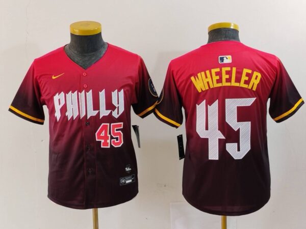 Youth Philadelphia Phillies #45 Zack Wheeler Red 2024 City Connect Limited Stitched Baseball Jerseys