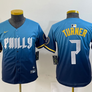 Youth Philadelphia Phillies #7 Trea Turner Blue 2024 City Connect Limited Stitched Jersey
